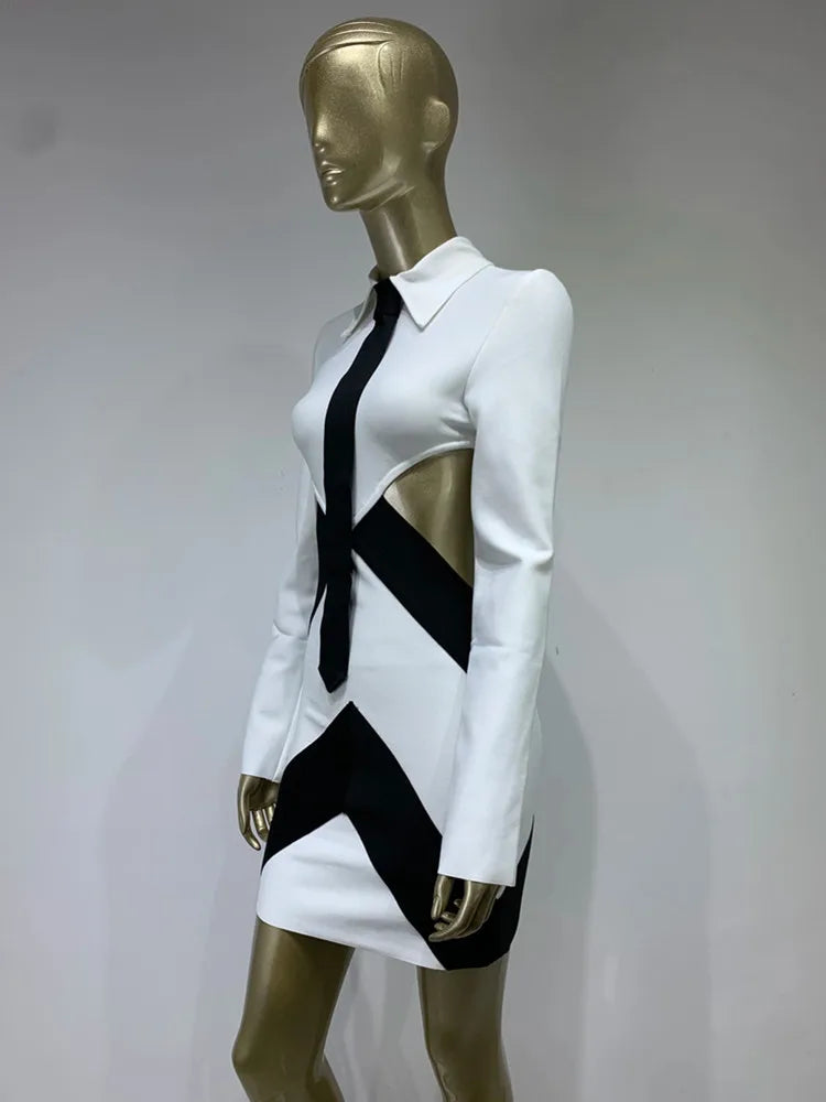 Women Sexy Long Sleeve Patchwork Black White Tie Cut Out Mini Bandage Dress 2023 Elegant Christmas Evening Club Party Dress