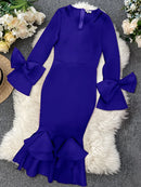 Aomei Elegant Bodycon Slim Party Dress V Neck Hollow Out Long Sleeve Bowtie African Female Wedding Guest Evening Occasion Gowns