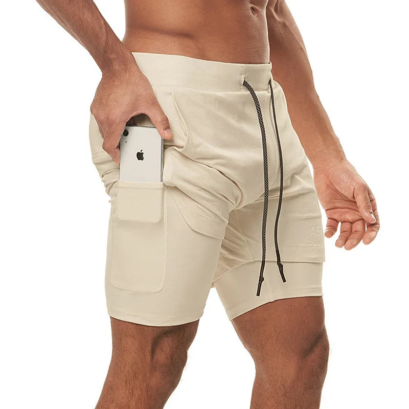 Mens Gym 2 in 1 Double-deck Running Quick Dry Shorts Jogging Fitness Training Sweat Short Pants Male Sports Workout Sweatpants