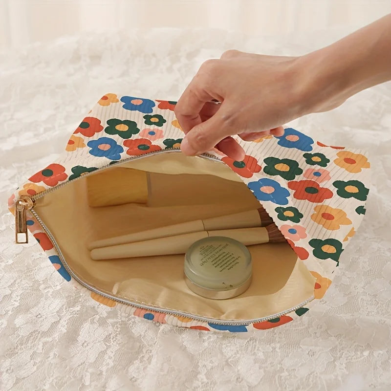 Minimally designed floral printed corduroy zipper makeup bag, lightweight and multifunctional cosmetic storage bag