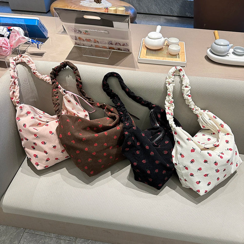 Women Cute Printing Crossbody Bag with Ruched Strap Strawberry Pattern Satchel Bag Large Capacity Female Travel Casual Bag