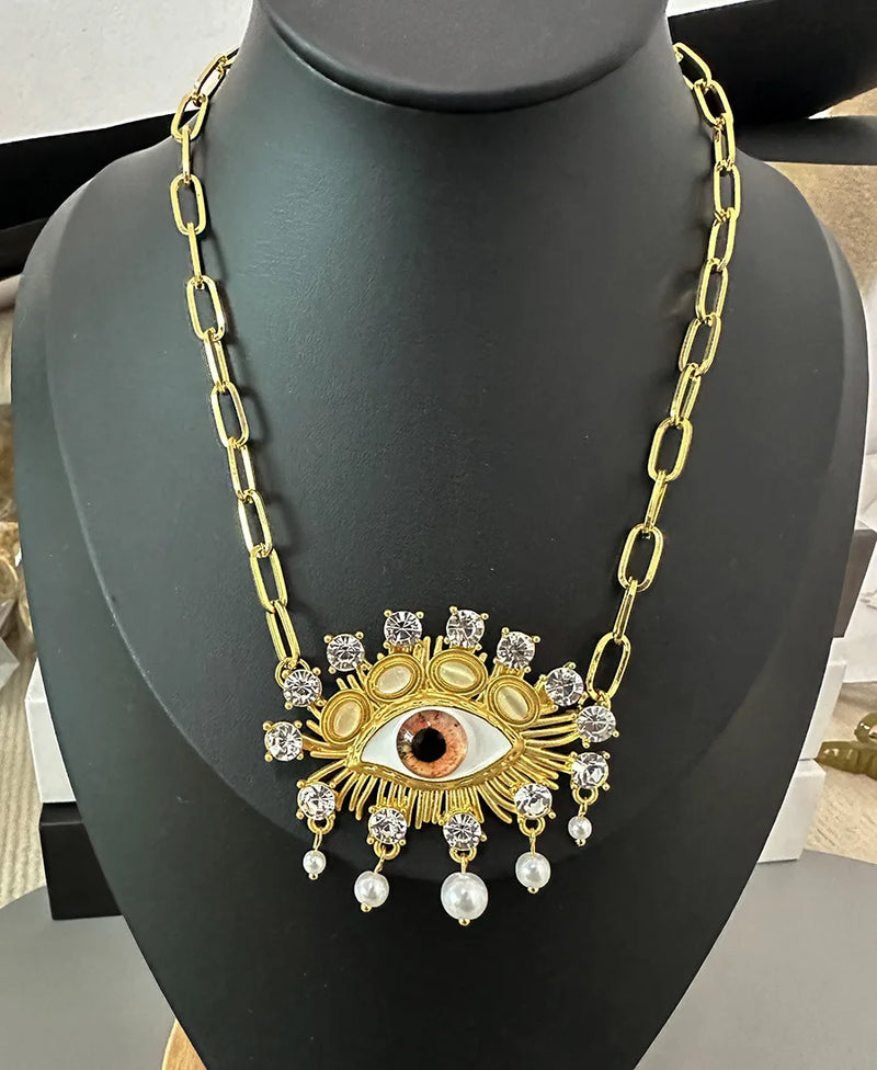 Retro Asymmetrical Contrasting Color Eye Sparkling Crystal Pearl Earrings Design Earring for Women