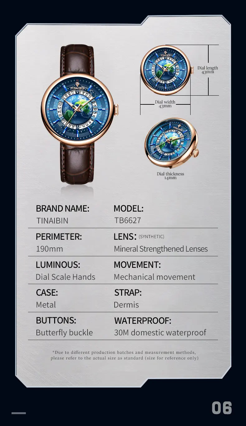 Tourbillon Earth Men's Watch Luminous 3D Mechanical Automatic Genuine Leather Waterproof High End Luxury relogios masculino