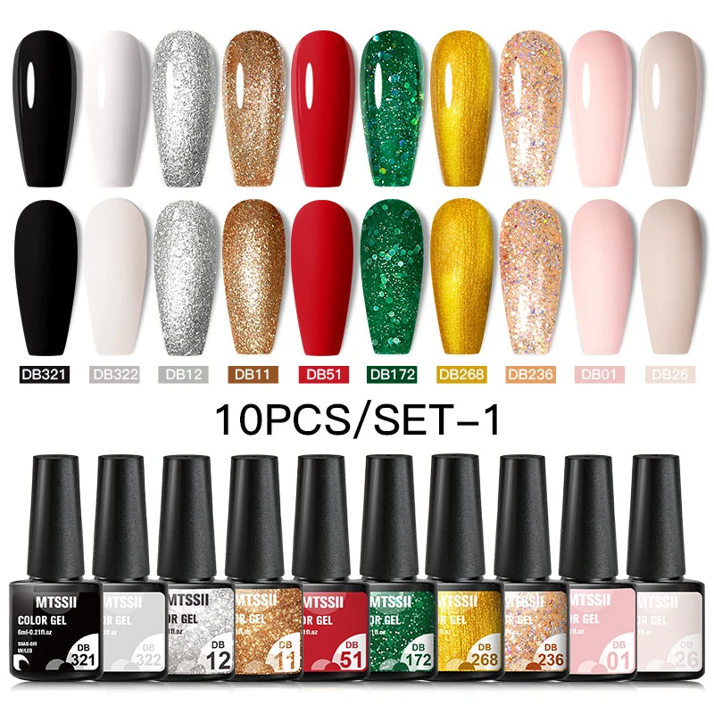 Mtssii 10PCS Reflective Gel Nail Polish Set Fluorescent Glitter Semi Permanent Hybrid Gel Varnish Soak Off UV Lamp For Manicure