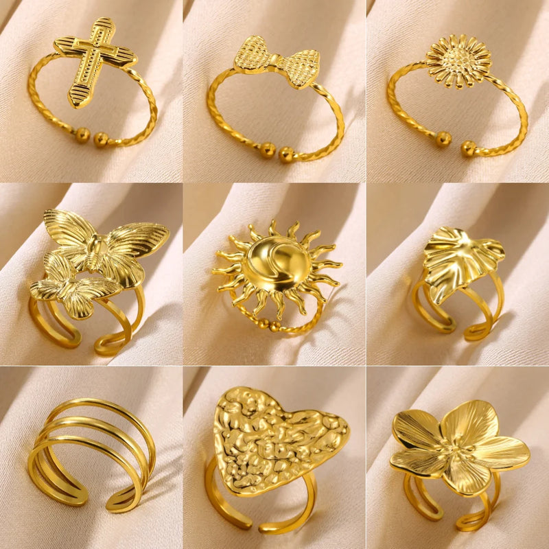Lucky Cross Stainless Steel Rings For Women Men Fashion Gold Color Sun Butterfly Geometry Ring Punk Jewelry Christmas Anillos