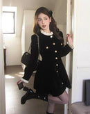 Korean Black Velvet Dresses for Women Single Breasted Long Sleeve Evening Party Dress Autumn Y2K Fashion A-line Vestido Mujer