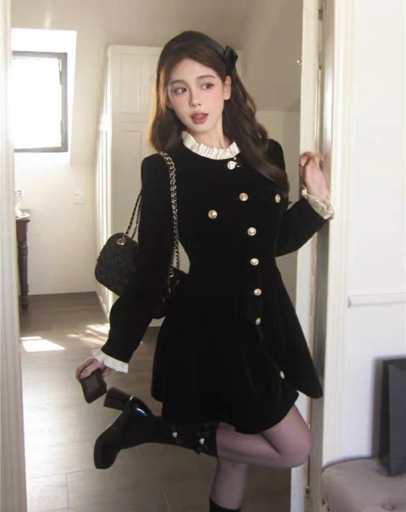 Korean Black Velvet Dresses for Women Single Breasted Long Sleeve Evening Party Dress Autumn Y2K Fashion A-line Vestido Mujer