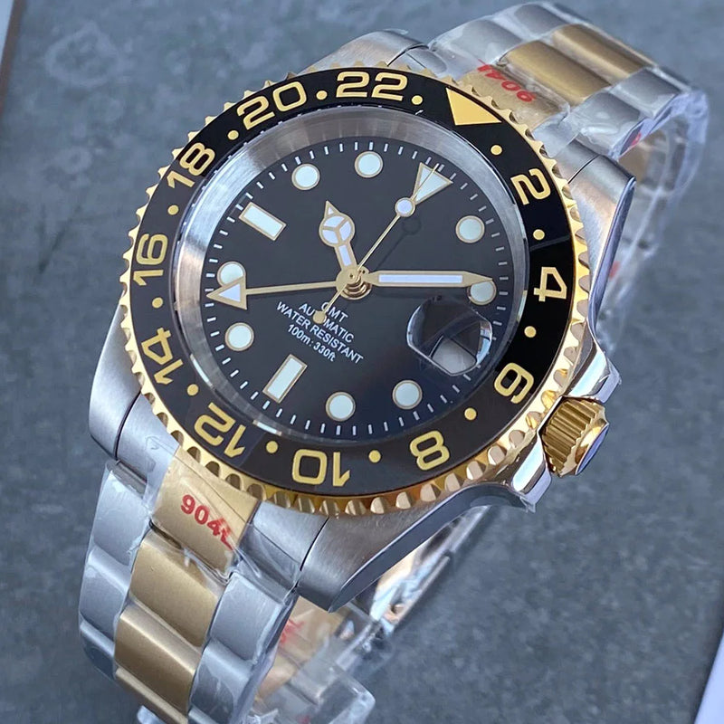 Gold Tow Tone NH34A GMT Movement Diving Watch for Men Automatic Watches Mechanical Swim Jubilee Bracelet 200m Waterproof Date