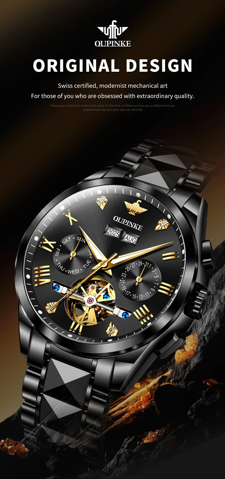 OUPINKE 3240 Automatic Watches Men 44mm Large Dial Tungsten Steel Strap Skeleton Flywheel Mechanical Watch for Men Luxury Watch