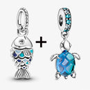 2Pcs/Lot Crystal Blue Scaled Fish Bead With Pendant Fit DIY Brand Charm Bracelet  For Women's Summer Jewelry To Making Gift