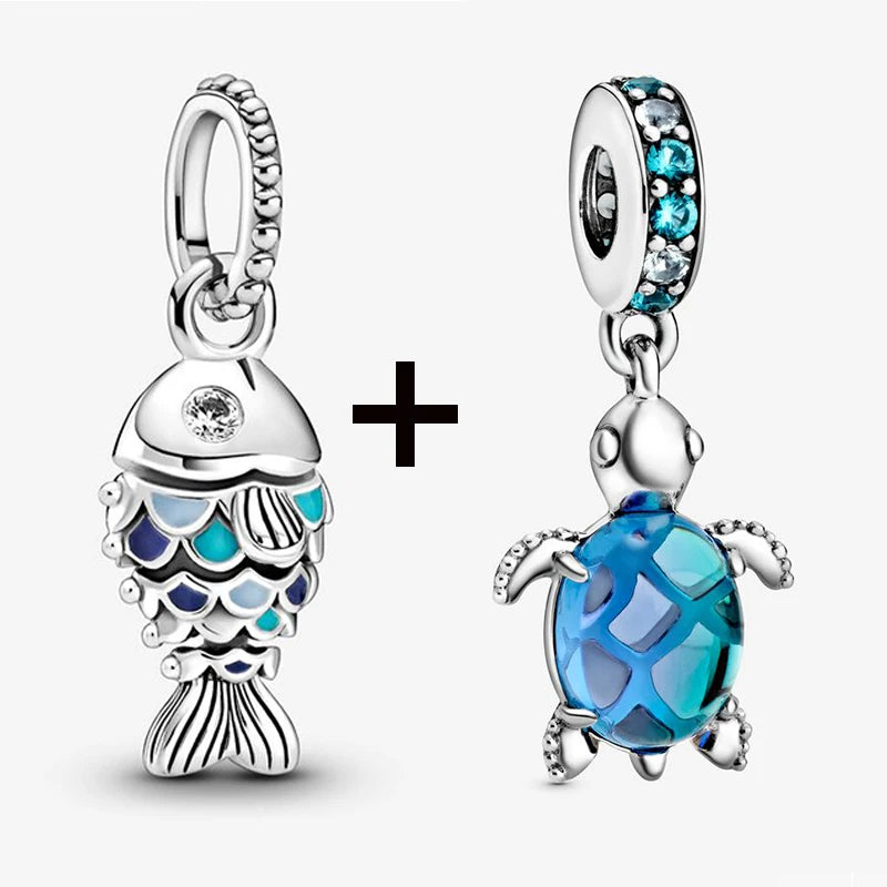 2Pcs/Lot Crystal Blue Scaled Fish Bead With Pendant Fit DIY Brand Charm Bracelet  For Women's Summer Jewelry To Making Gift