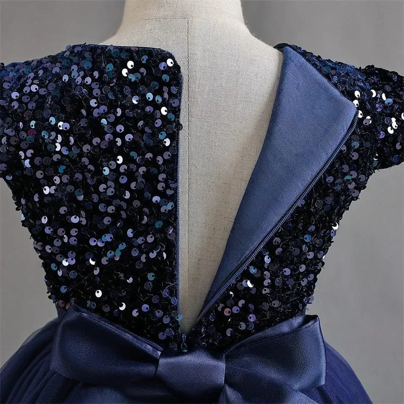 Puffy Girls Party Dress Elegant Kids Wedding Gala Prom Gown Sequin Bow Children Birthday Princess Dress For Girl Clothes 5-14Yrs