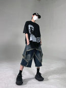 New High Street Retro Star Patch Tassel Men Denim Shorts Loose and Casual Hip Hop Street Couple Pants Sports sweatpants
