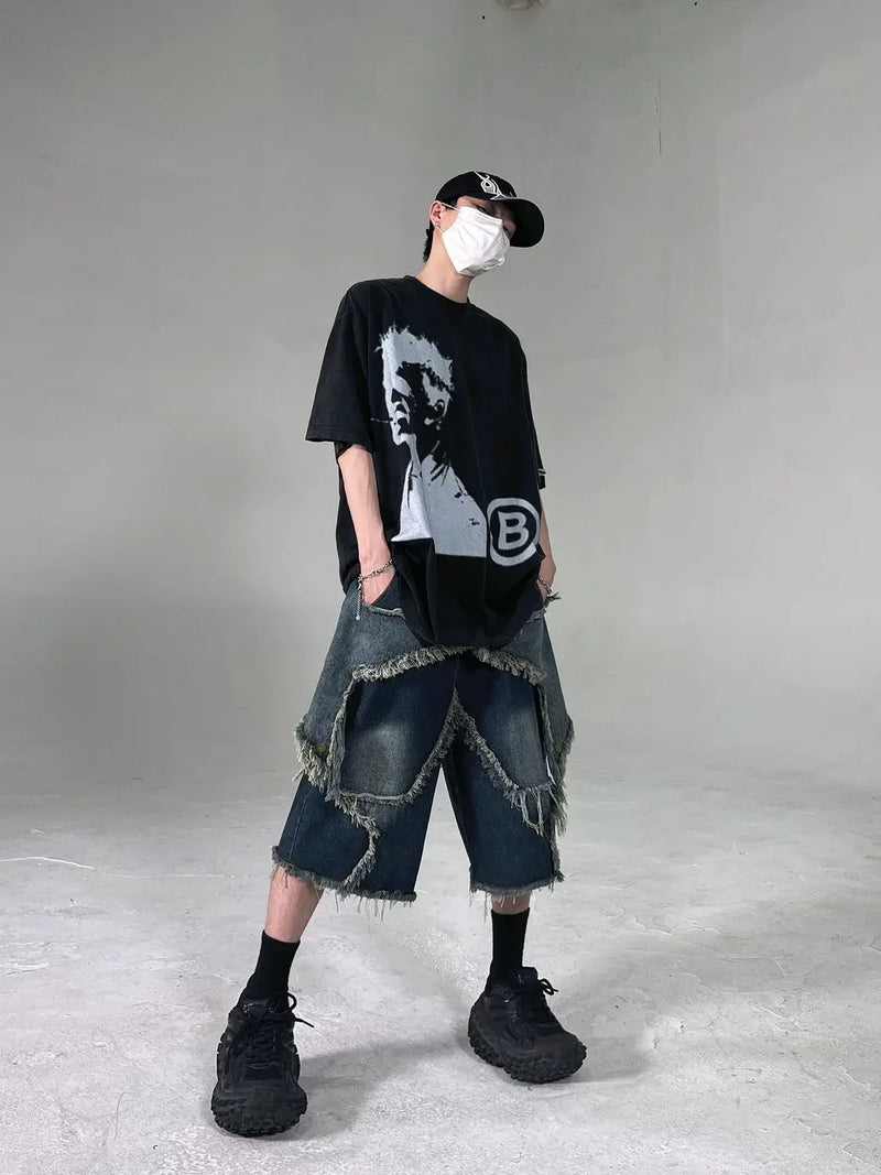 New High Street Retro Star Patch Tassel Men Denim Shorts Loose and Casual Hip Hop Street Couple Pants Sports sweatpants