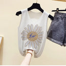 Hot Rhinestone Bright Silk Sleeveless Vest Women's Spring/Summer New Style V-neck Loose All-match Sling Knitted  Top T-shirt