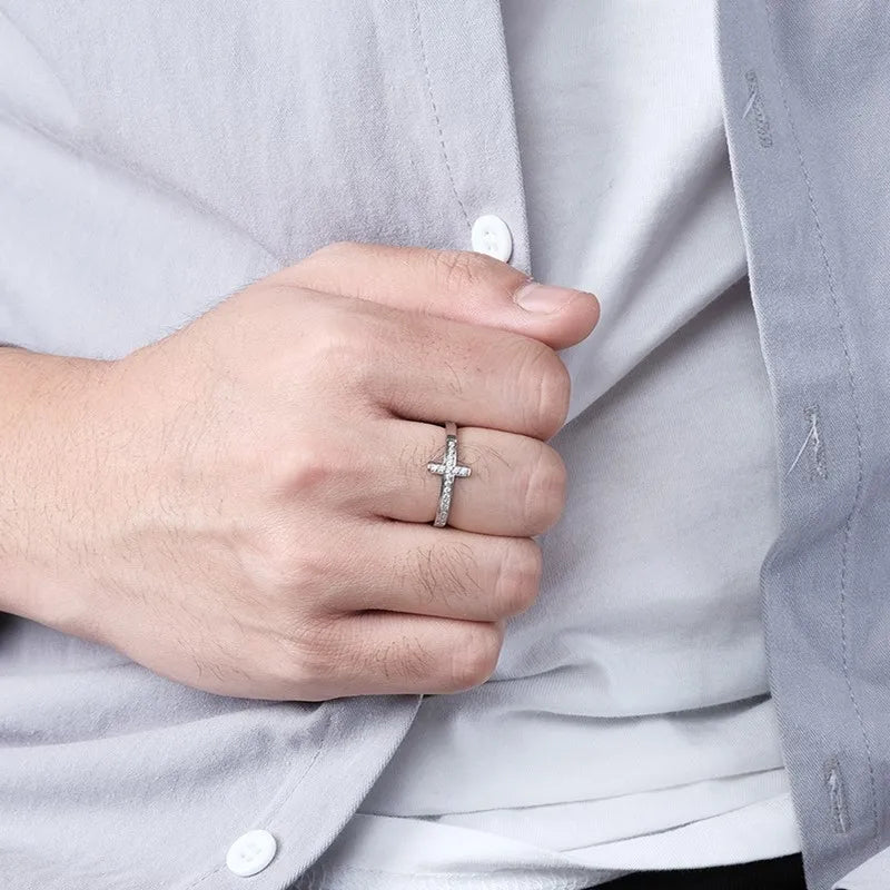 Stainless Steel "Faith Hope Love" Engraved Pave CZ Cross Ring Wedding Band for Women Men Size 5-10