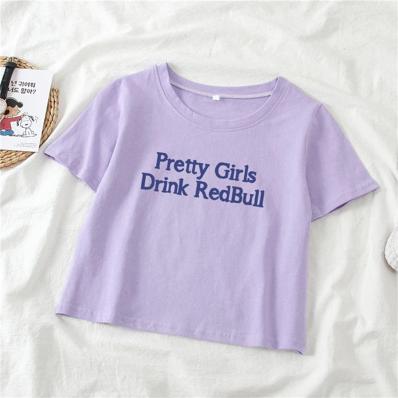 European and American girls drinking Red Bull trendy letter print Y2K pure desire spicy girl ultra short top women's T-shirt