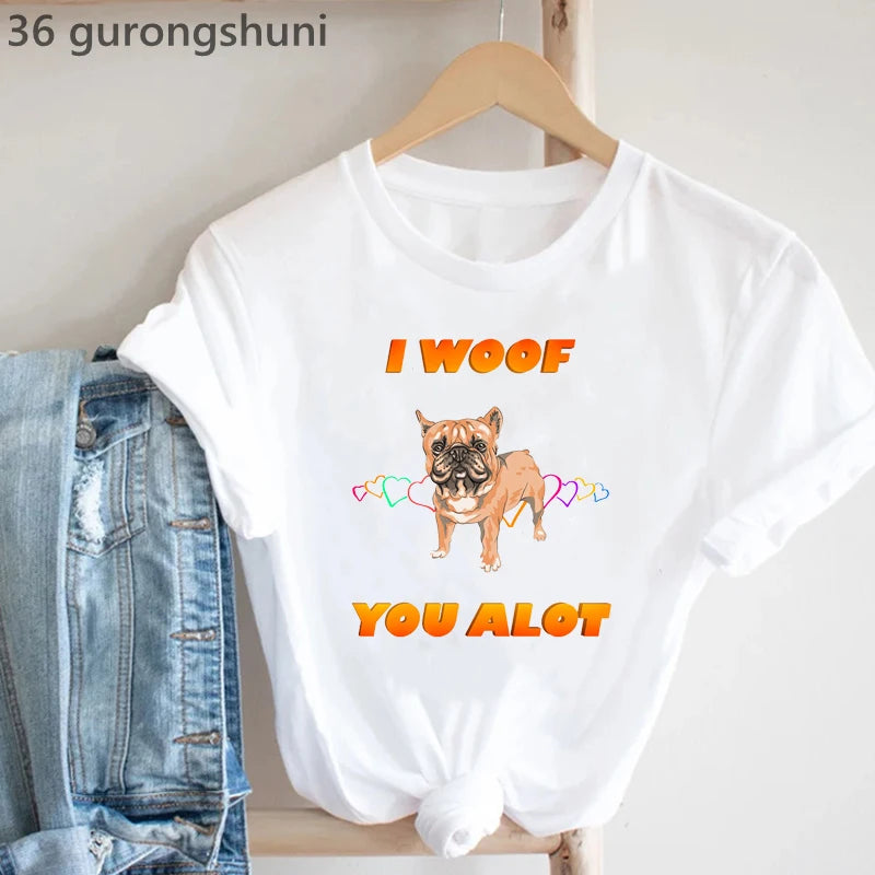 Frenchies In Love Animal Print T-Shirt Women'S Clothing French Bulldog Tshirt Femme Harajuku Kawaii Clothes Dog Lover T Shirt