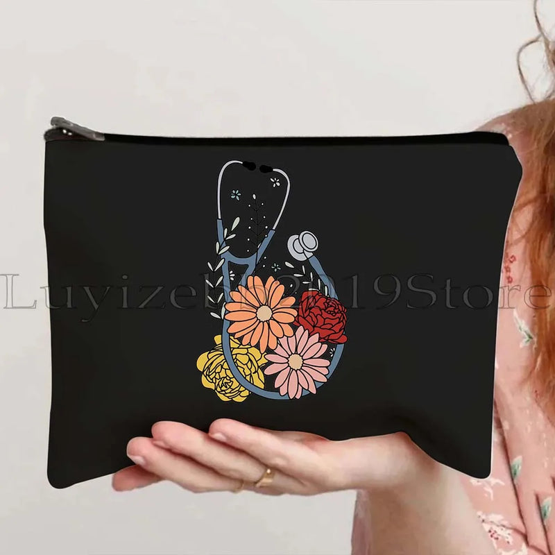Anatomy Medical Nursing Student Nurse Doctor Flower Stethoscope Brain Canvas Cosmetic Makeup Toilet Bag Pencil Case Zipper Pouch