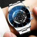 Luxury Hollow Out Men's Watches Fashion Business Calendar Blue Stainless Steel Mesh Belt Analog Quartz Watch Relogio Masculino