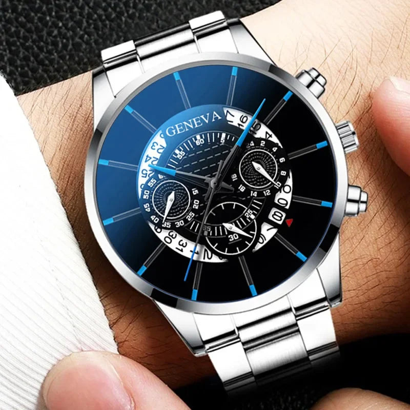 Luxury Hollow Out Men's Watches Fashion Business Calendar Blue Stainless Steel Mesh Belt Analog Quartz Watch Relogio Masculino