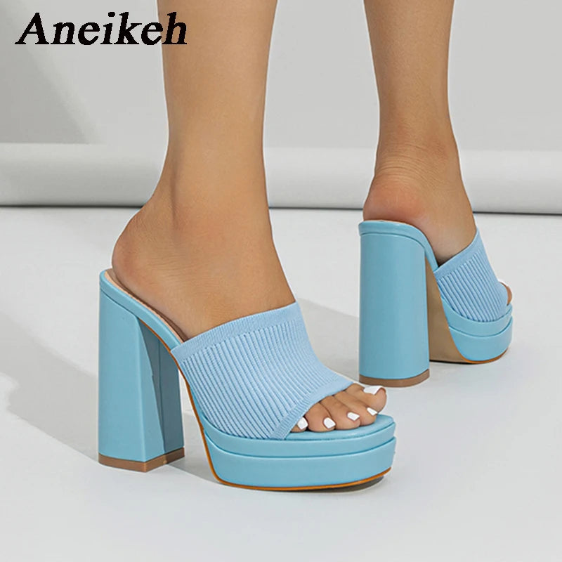 Aneikeh Sexy Knitted Woolen Chunky Platform Sandal Heels Women's Peep Toe High Heel Summer Nude Party Dress Mules Sandals Shoes