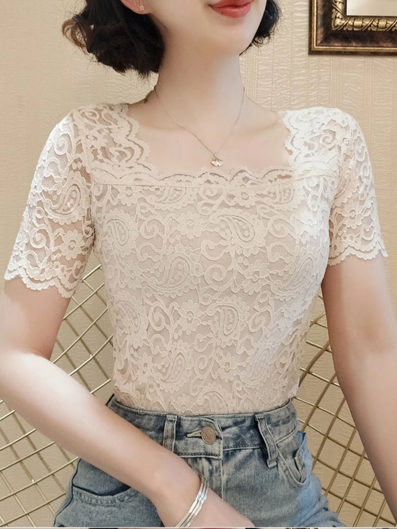 Lace square collar short-sleeved top for women summer