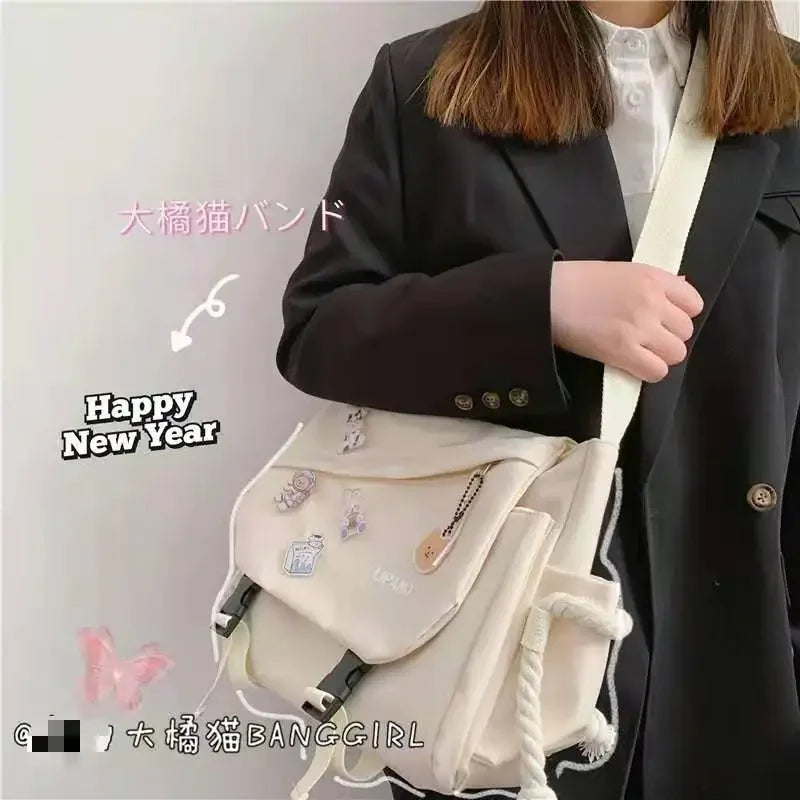 Kawaii Pins Decor Messenger Bag, Release Buckle Decor Flap Crossbody Bag, Large Capacity School Bag