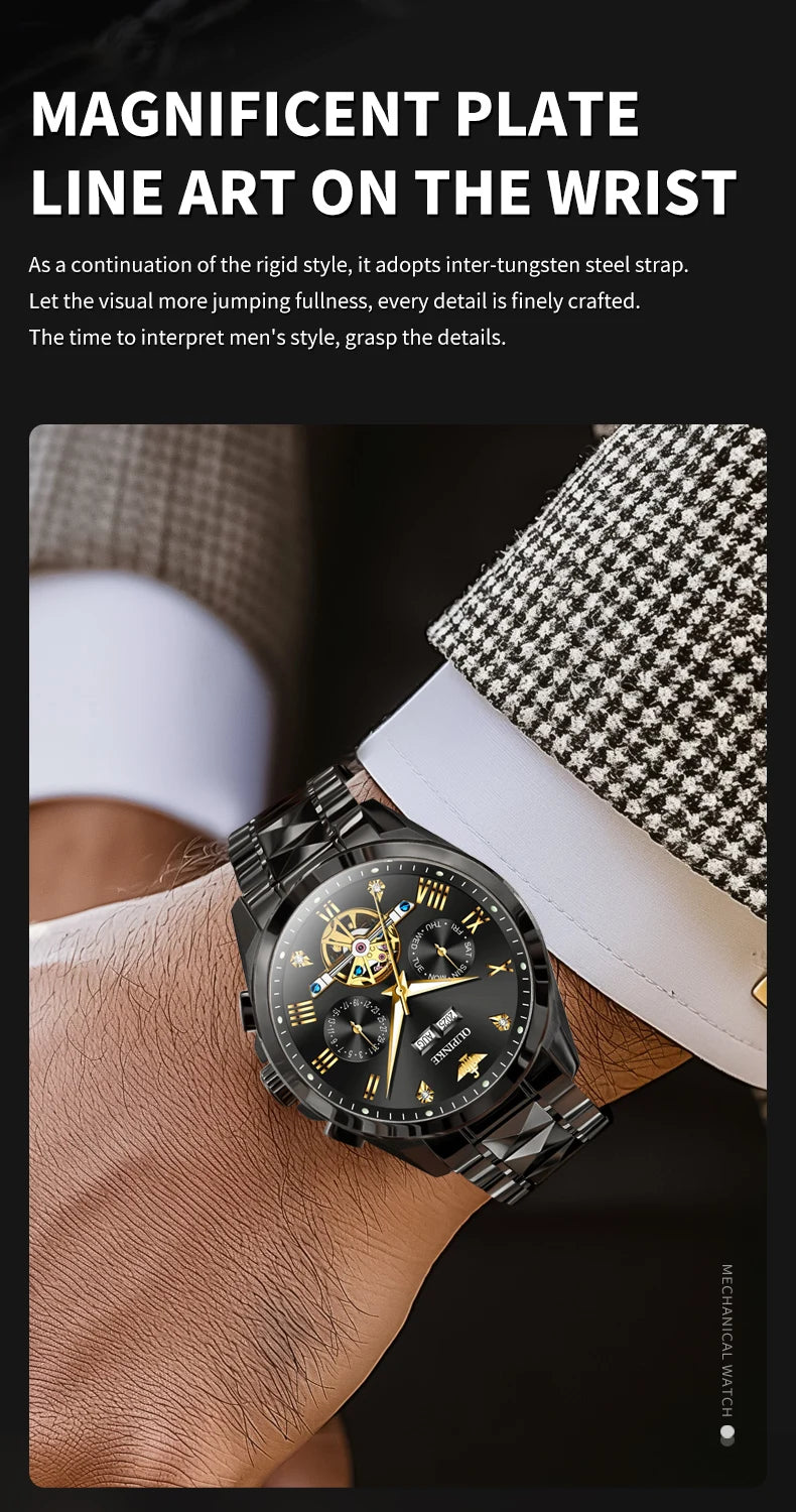 OUPINKE 3240 Automatic Watches Men 44mm Large Dial Tungsten Steel Strap Skeleton Flywheel Mechanical Watch for Men Luxury Watch