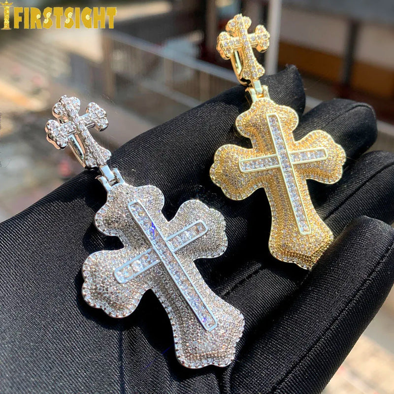 New Iced Out Bling CZ Letter Cross Pendant Necklace Various Design 5A Zircon Two Tone Color Badge Charm Men's Hip Hop Jewelry