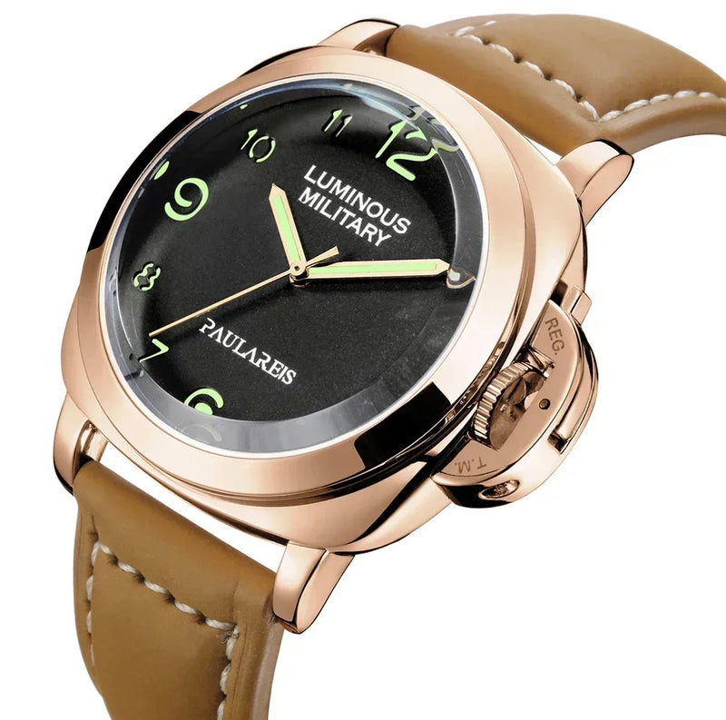 Automatic Watches for Men Mechanical Genuine Brown Leather Yellow Green Military 44mm Luxury Rose Gold Reloj Hombre Baratos