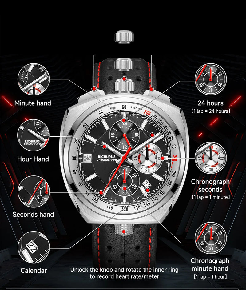 New Luxury Men Watches Multi-functional Sports Chronograph Stainless Steel Case 5ATM Waterproof Quartz Wristwatch Montre Homme