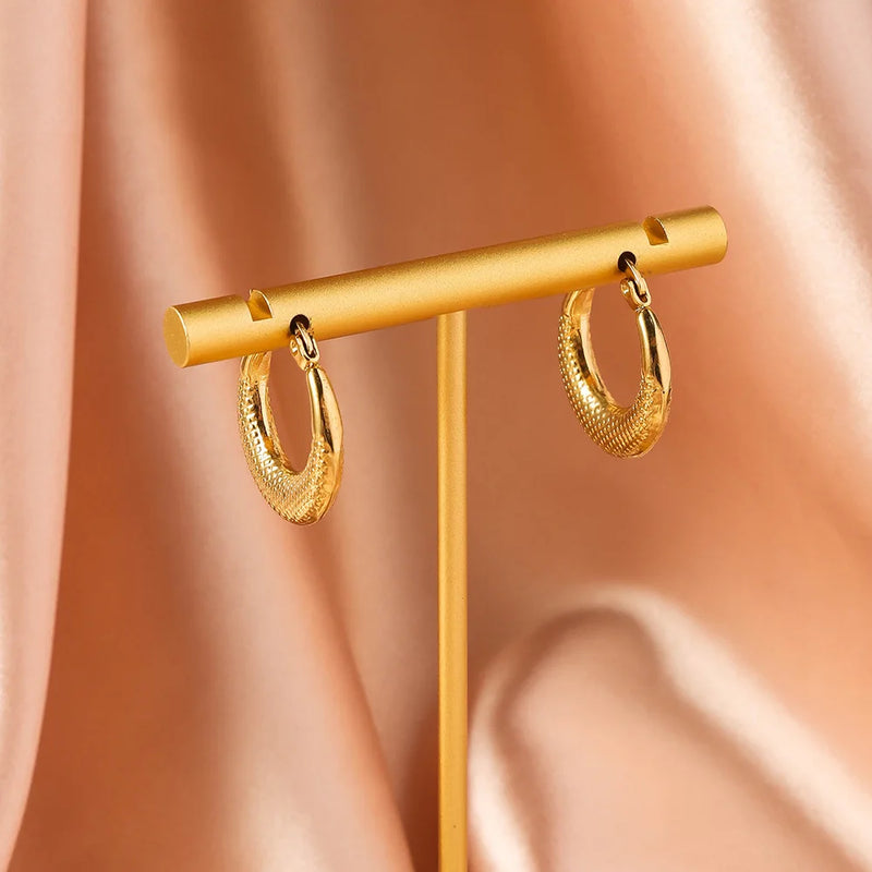 Women's Embossed Stainless Steel Hoop Earrings, Electroplated Gold Color Non Fading Earrings, Exquisite Jewelry Accessories