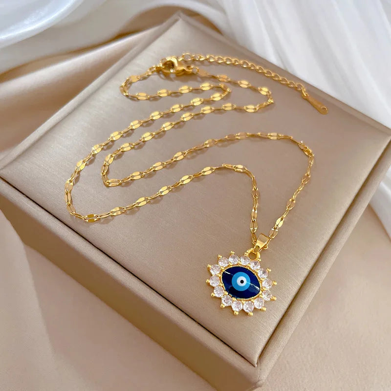 Blue Enamel Evil Eye Pendant Necklace Gold Color Female Fashion Jewelry CZ Zircon Clavicle Chain Women Necklace 2024 New