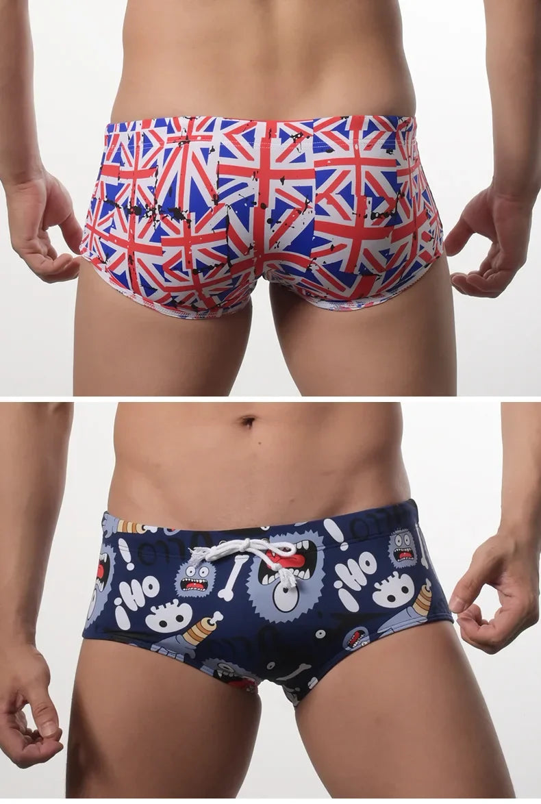 Men's Fashionable Swim Trunk Cartoon Printed Cup Stand Up Tie Up Hot Spring Beach Board Shorts Elastic Sprotswear Swimming Pants