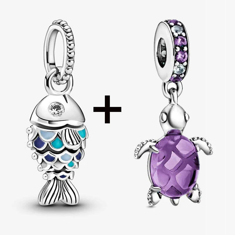 2Pcs/Lot Crystal Blue Scaled Fish Bead With Pendant Fit DIY Brand Charm Bracelet  For Women's Summer Jewelry To Making Gift