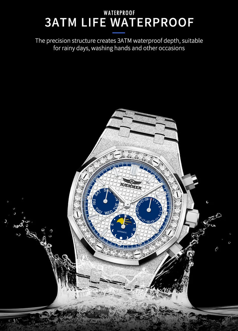 HAEMMER high-end design multifunctional men's watch stainless steel silver diamond face fashionable men's watch waterproof 30ATM