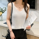 Hot Rhinestone Bright Silk Sleeveless Vest Women's Spring/Summer New Style V-neck Loose All-match Sling Knitted  Top T-shirt