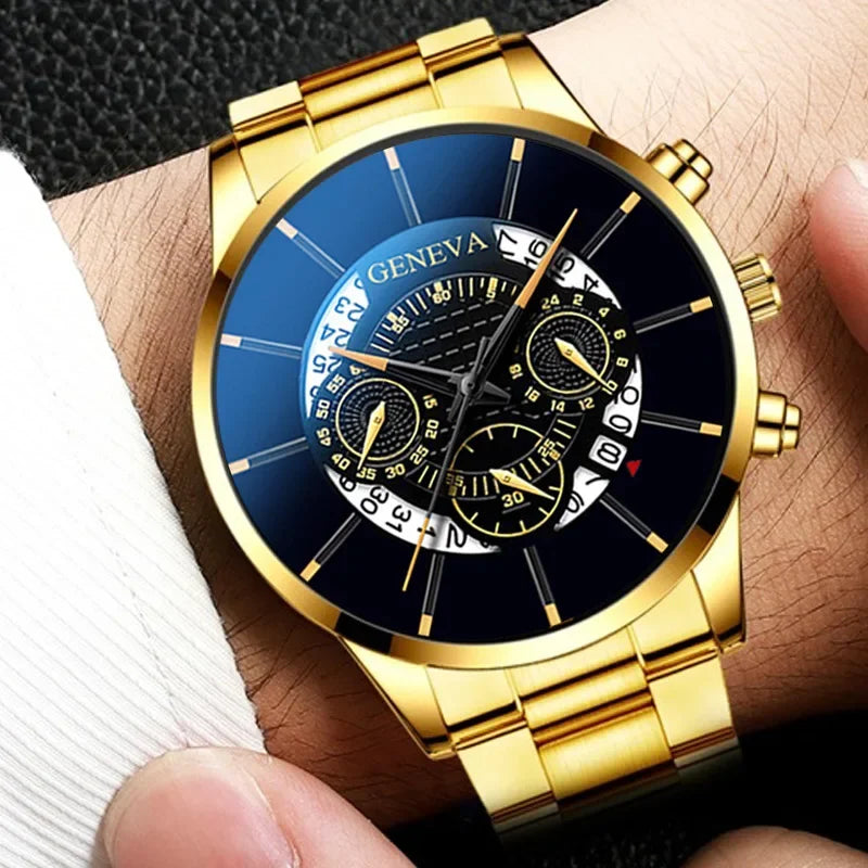Luxury Hollow Out Men's Watches Fashion Business Calendar Blue Stainless Steel Mesh Belt Analog Quartz Watch Relogio Masculino