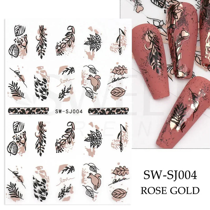 3D Snake Laser Stickers for Manicure Black Gold Abstract Leaves Luxury Nail Art Adhesive Slider Polish Decor Decals SASW-SJ