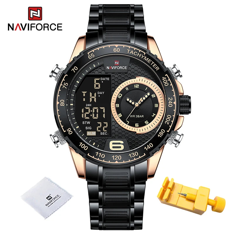 NAVIFORCE Luxury Brand New Watch for Men Stainless Steel Dual Display Quartz Wrist Watches Waterproof Military Sports Male Clock