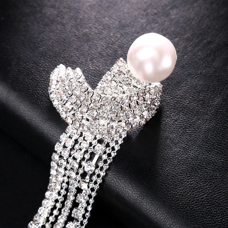 Elegant Long Tassel Rhinestone Drop Earrings Piercing Bridal Gift Square Pearl Geometric Dangle Earrings Wedding Jewelry