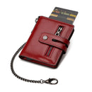 Mini Pop-Up Card Holder Genuine Leather Women Wallets RFID Blocking Protect Aluminum Cards Case Light Slim Purse with Chain