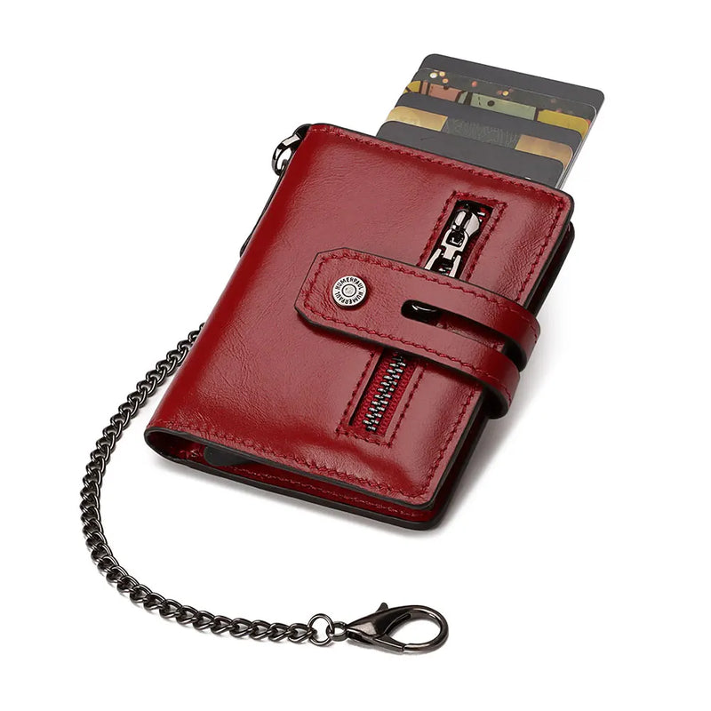 Mini Pop-Up Card Holder Genuine Leather Women Wallets RFID Blocking Protect Aluminum Cards Case Light Slim Purse with Chain