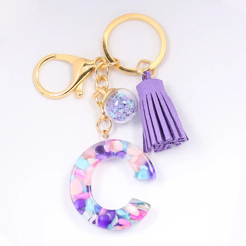 Women ew Crystal Epoxy Tassel Keychain Pendant Girl Heart English Capital Letter Stone Key K5158