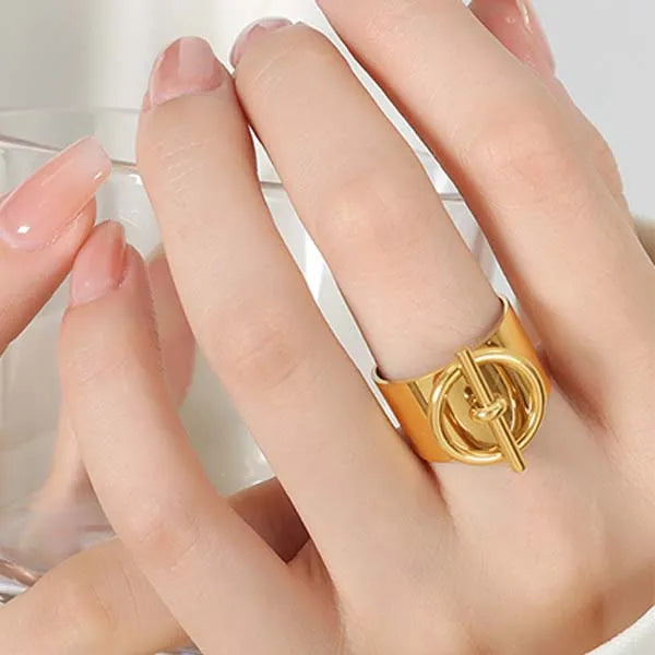 Titanium Steel Ring for Women Gold Color Wide Ring with Circle Punk Round Geometric Open Chain Finger Rings Party Jewelry Gifts