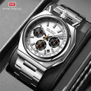MINI FOCUS 0601 Multifunctional Unique design Quartz Watch for Men Calendar Luminous Stainless Steel Strap Bull Head Mens Watch