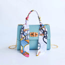 Silk Band Bow Lock Small Square Bag PU Leather Chain Handbag Crossbody Bags