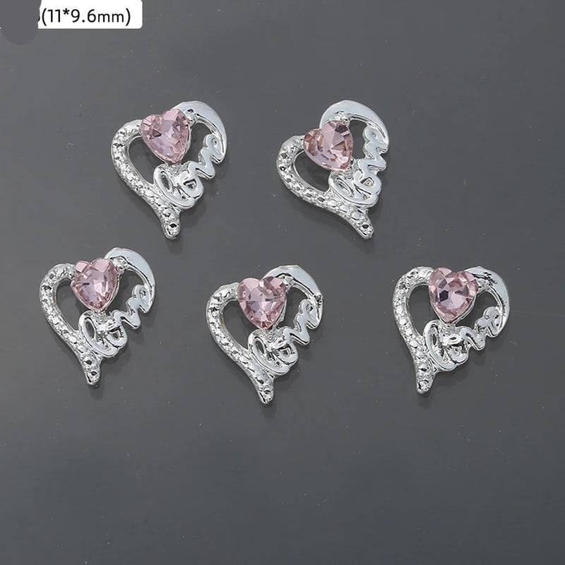 10Pcs Pink Metal Gem Zircon Nail Art Charm 3D Luxurious Heart Ribbon Cross Starlight Nail Decoration DIY Zircon Nail Accessories