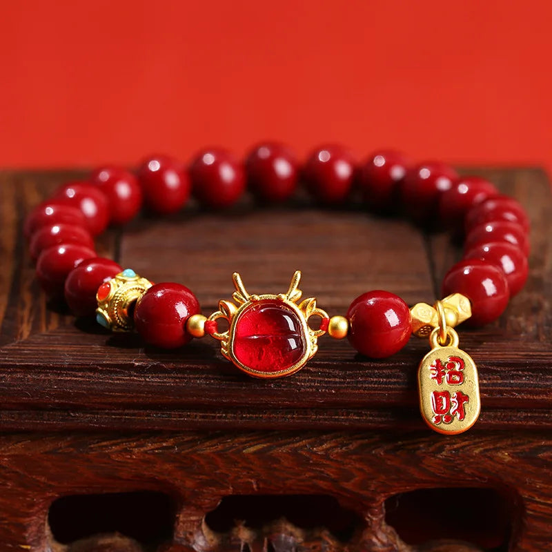 JD Natural Cinnabar Real Bead Bracelets Women Men Change Lucky Wealth Protection Hand String Pixiu Carved Vintage Bangles Gift